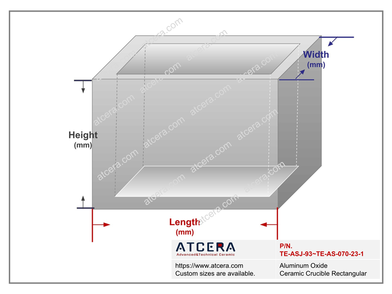 Drawing of Aluminum Oxide Ceramic Crucible Rectangular